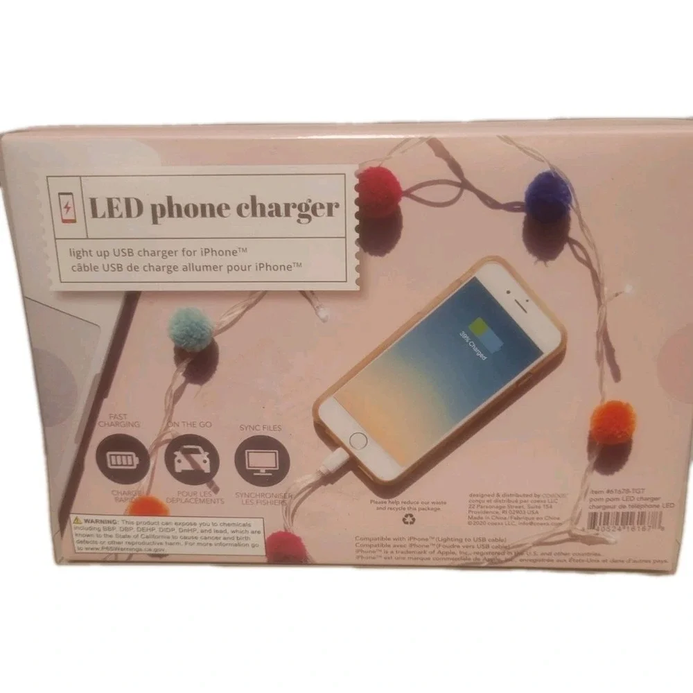 Led iPhone Charger Lights Up With Colored Pom Poms New In Box iPhone‎ 5,6,7